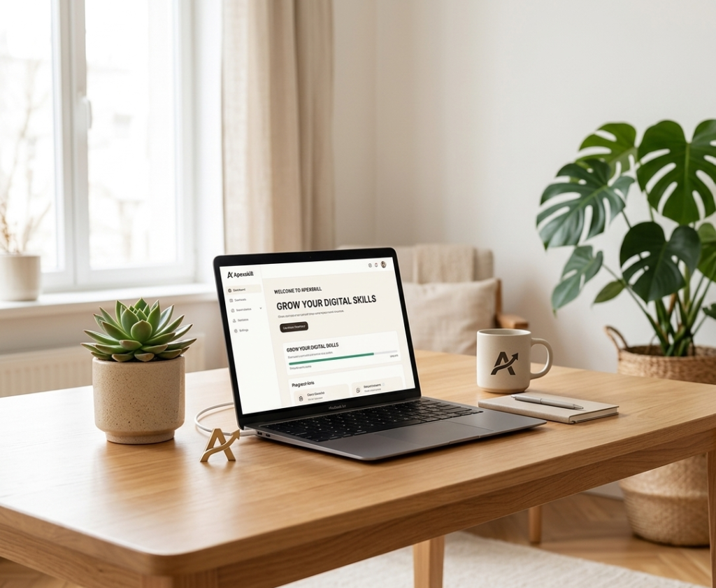 Apexskill warm minimalist workspace with a laptop displaying a 'Grow Your Digital Skills' dashboard, natural light from a window, a Monstera plant, and a branded coffee mug.